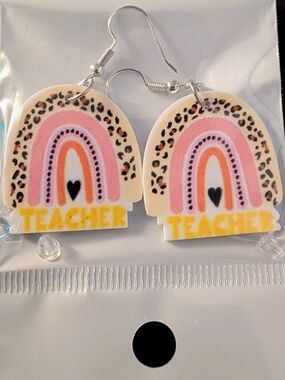 Hand Crafted Pink & Peach Rainbow Leopard Teacher Dangle Earrings